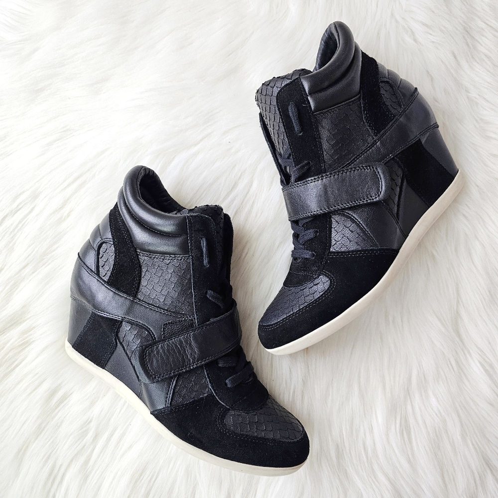 ASH Limited Black Suede Leather Hi-Top Sneakers Wedge Python Look Shoes Size 41